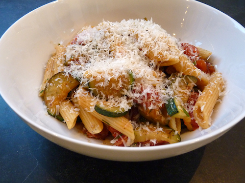 penne with zucchini tomatoes and grated parmesan