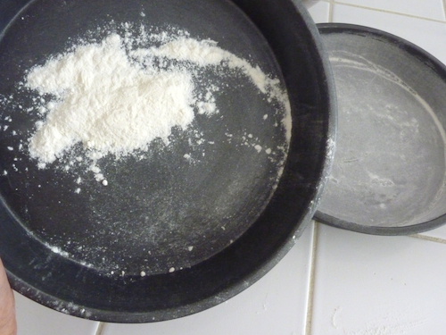 flouring cake pans
