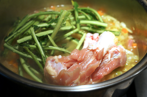 kale stems chicken bones
